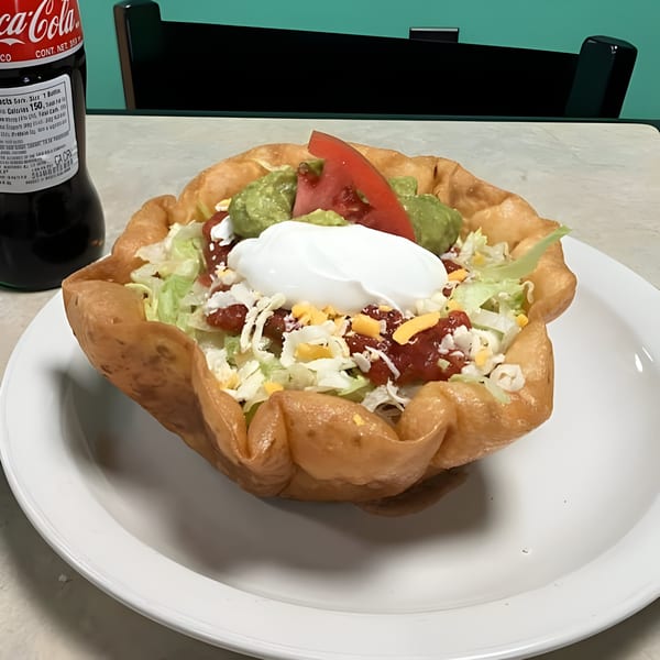A taco salad in a crispy tortilla bowl with lettuce, salsa, cheese, sour cream, and guacamole.