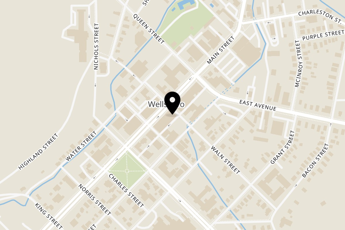 Map showing the location of Los Agaves Taqueria on 63 Main St in Wellsboro
